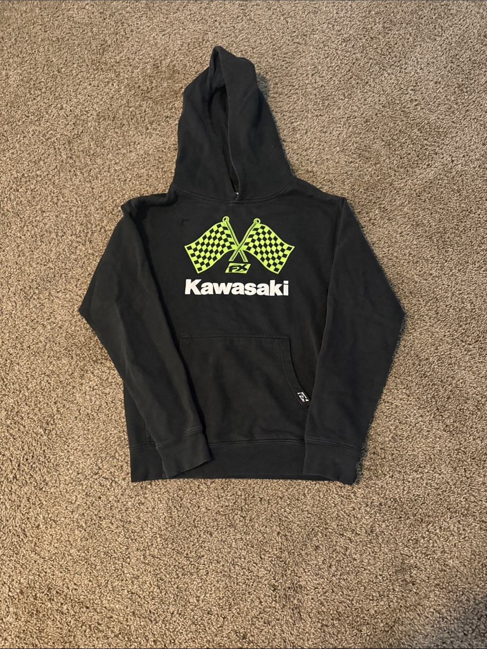 Kawasaki Black Hoodie Sweatshirt with Neon Green Flags